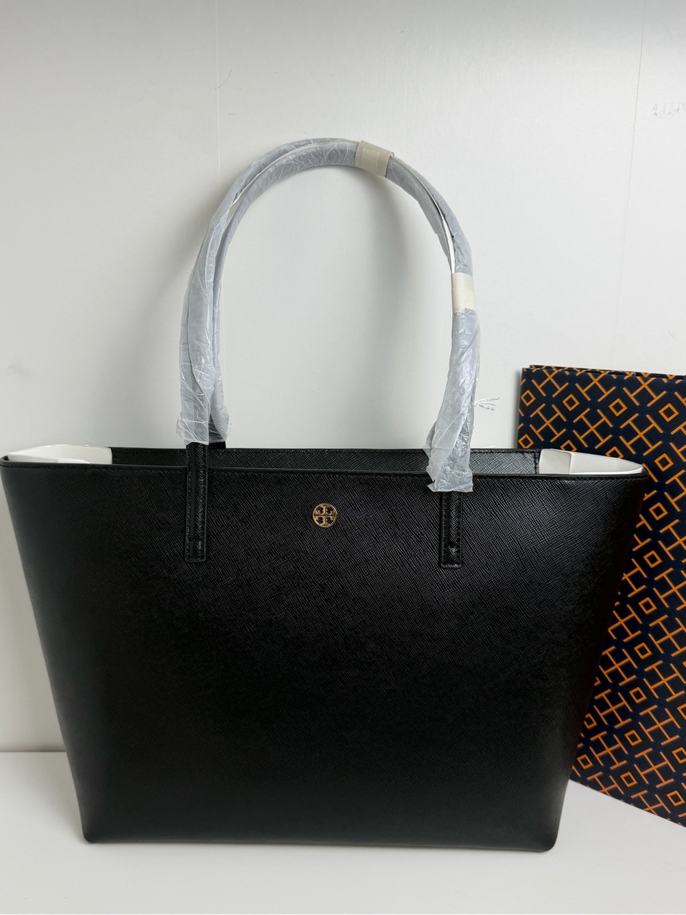 Tory Burch Black Leather Tote with Gold Logo